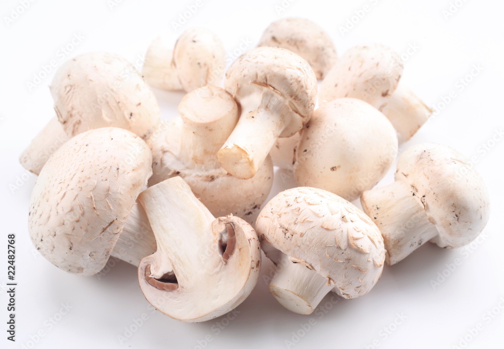 Handful of champignons on a white background Handful of champignons on a white background