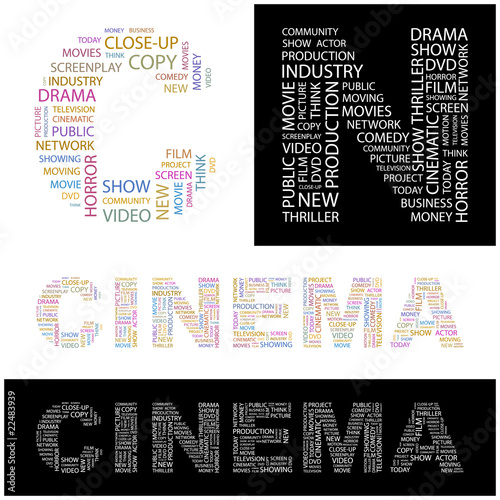 CINEMA. Word collage on black background.