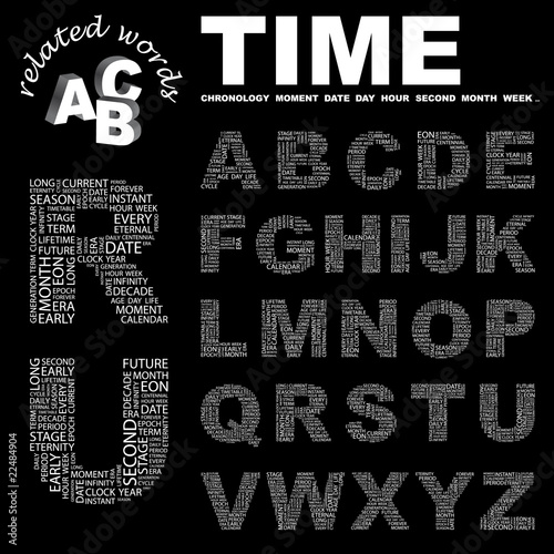 TIME. Alphabet. Illustration with different association terms.
