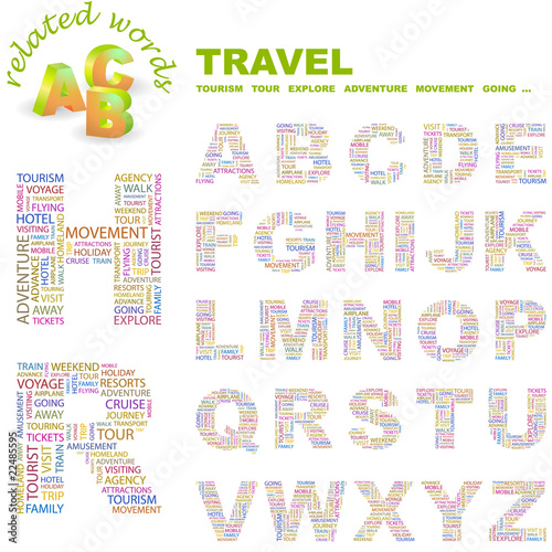 TRAVEL. Wordcloud alphabet with different association terms.