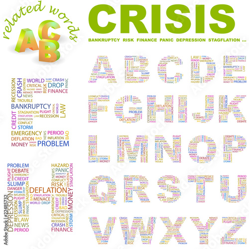 CRISIS. Alphabet. Illustration with different association terms.