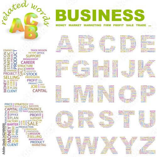 BUSINESS. Wordcloud alphabet with different association terms.