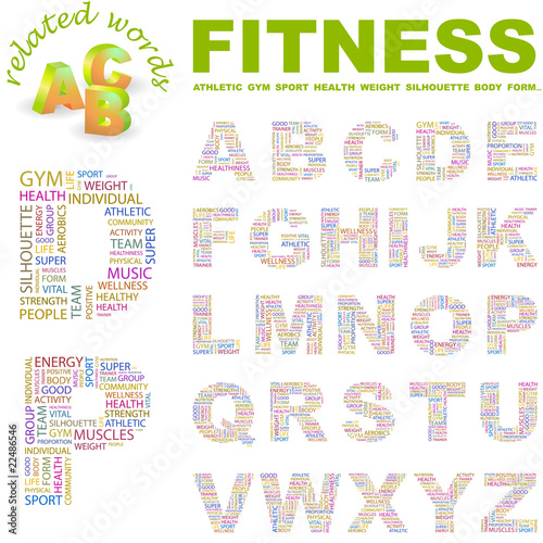 FITNESS. Wordcloud alphabet with different association terms.