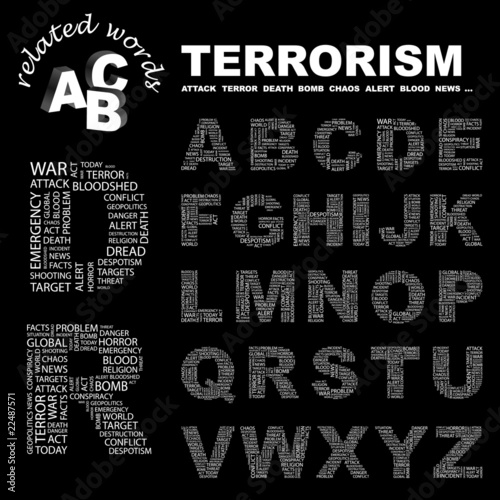 TERRORISM. Wordcloud alphabet with different association terms.