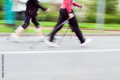 Nordic walking race, motion blur