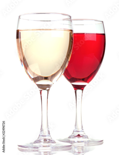 Rose and white wine in a wine glasses isolated on white backgrou