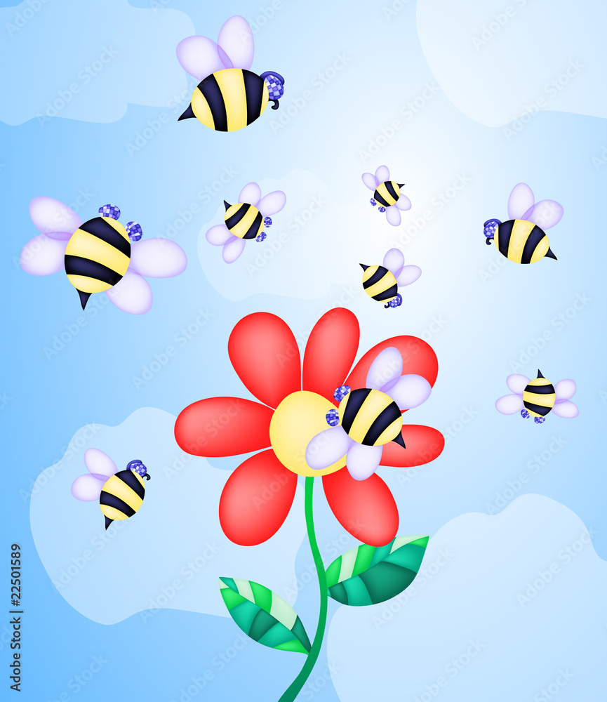 Vector illustration of bees flying near flower
