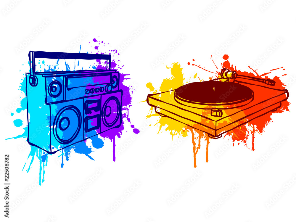 Boombox and turntable, with colorful grunge elements.