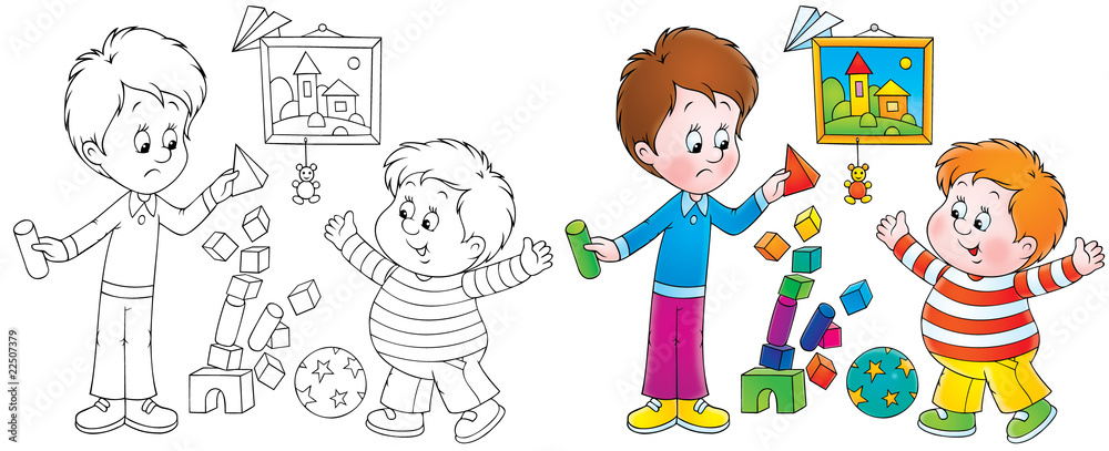 Playing boys (black-and-white and color illustrations) Playing boys (black-and-white and color illustrations)