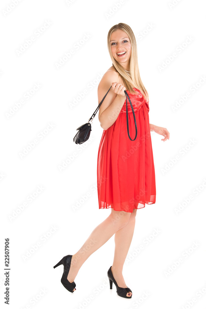 Isolated caucasian blond woman in red dress Isolated caucasian blond woman in red dress