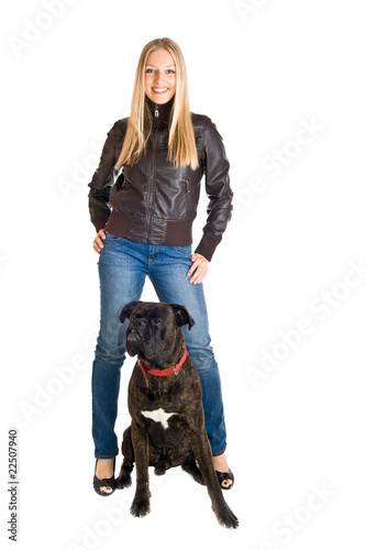 Woman in leather jacket with boxer dog