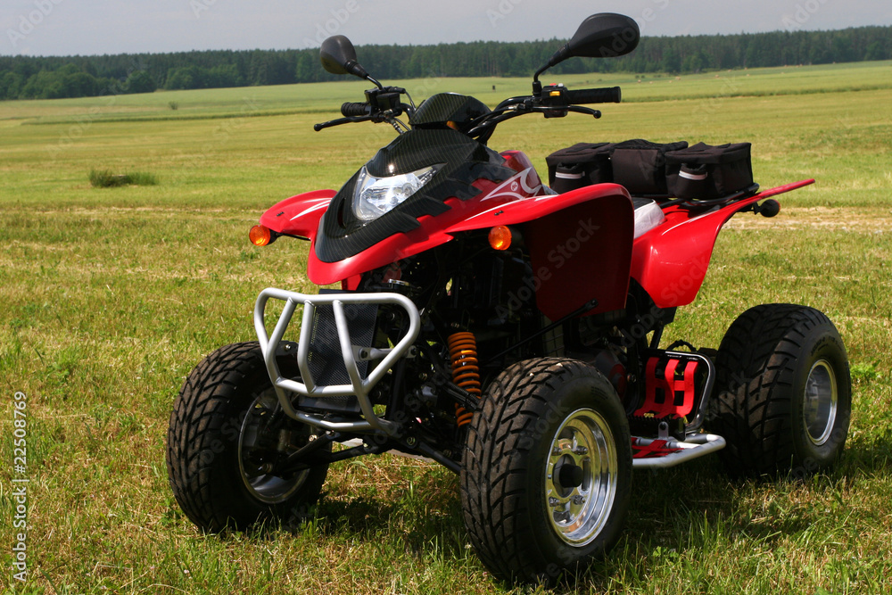 Fototapeta premium Red quad bike (ATV) on green field.