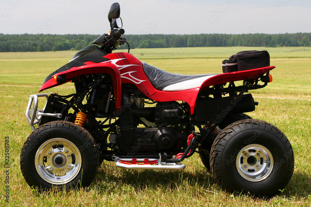 Obraz premium Red quad bike (ATV) on green field.