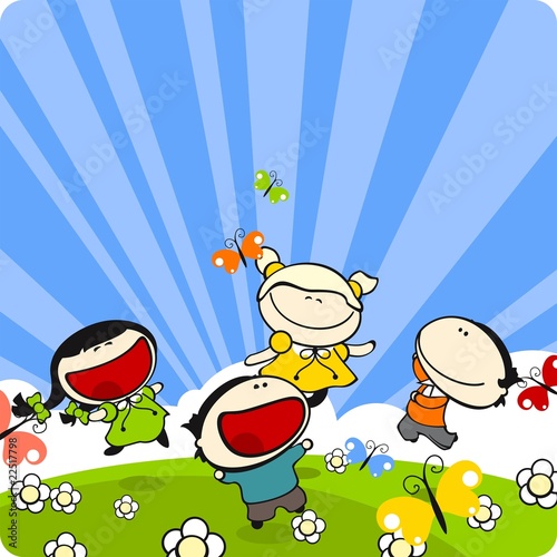 Kids playing on a grass in a sunny summer day