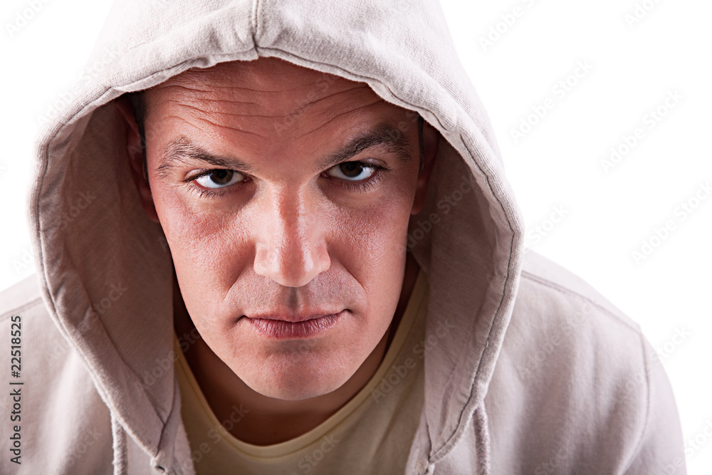 man looking to camera with a hood man looking to camera with a hood