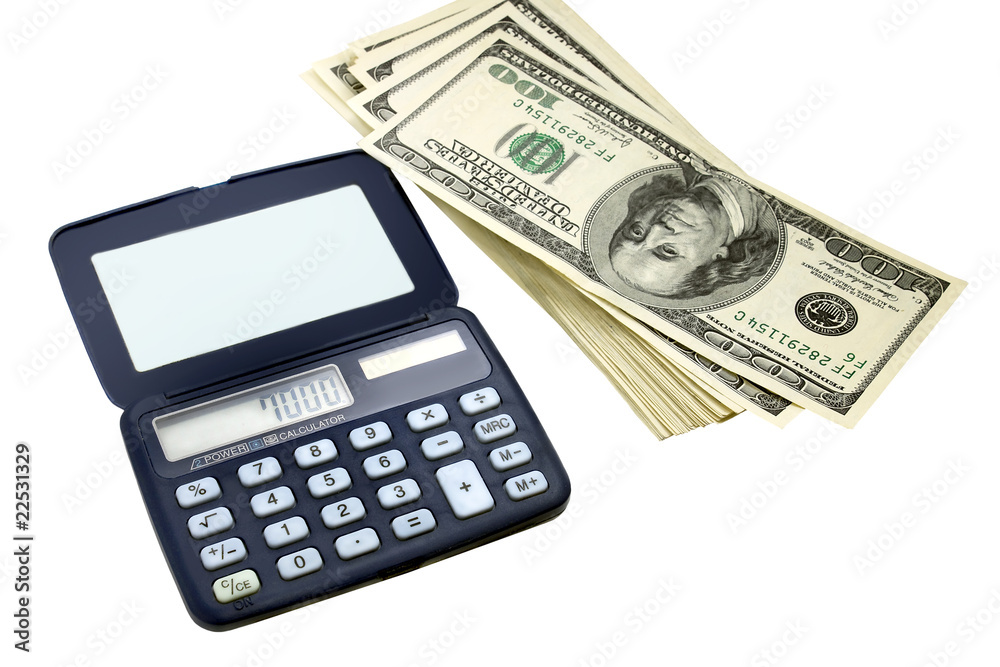 calculator and a bundle of hundred-dollar bills calculator and a bundle of hundred-dollar bills