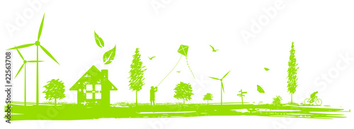 Ecology banner, green landscape border, renewable energy
