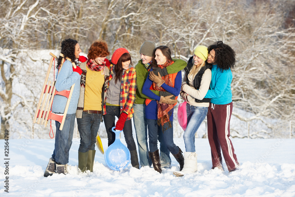 Obraz premium Group Of Teenage Friends Having Fun In Snowy Landscape