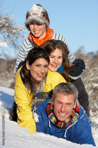 Young Family Having Fun In Snowy Landscape