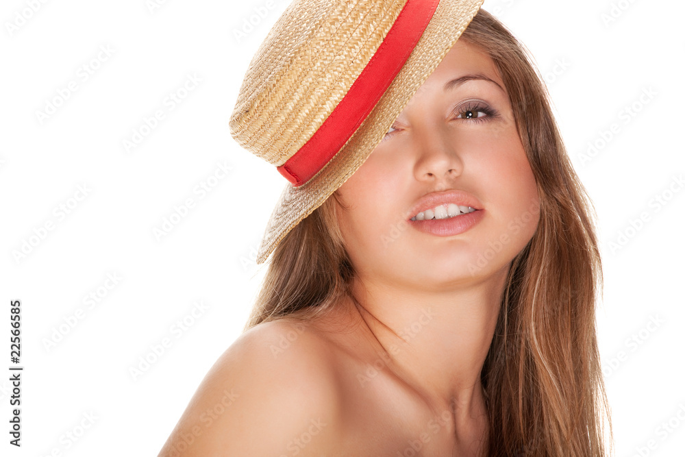 blond woman and straw bonnet with red ribbon blond woman and straw bonnet with red ribbon