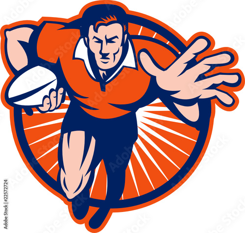 Rugby player running towards you fending off