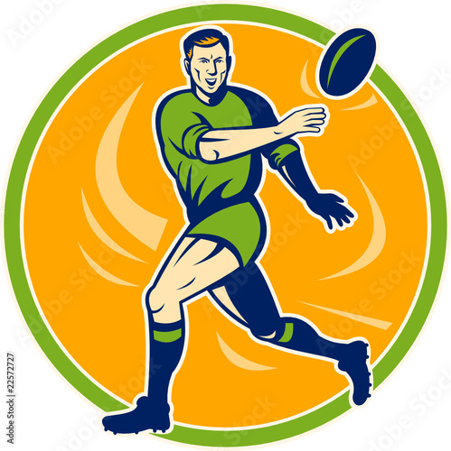 Rugby player running and passing ball