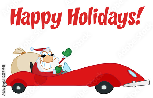 Happy Holidays Greeting With Santa Driving