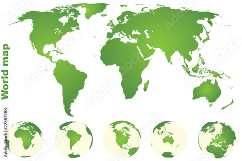 Green world map with Earth globes