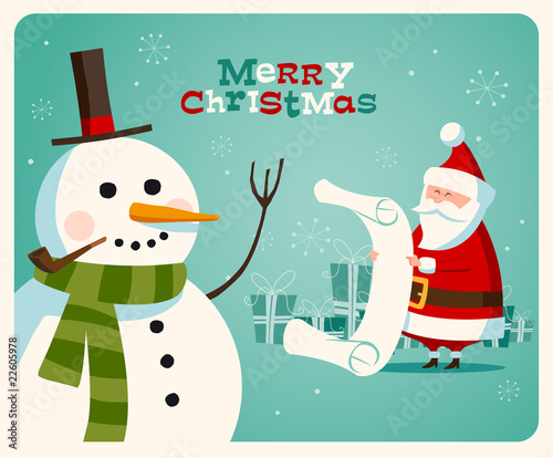 Christmas card with Santa and snowman. Vector. Editable