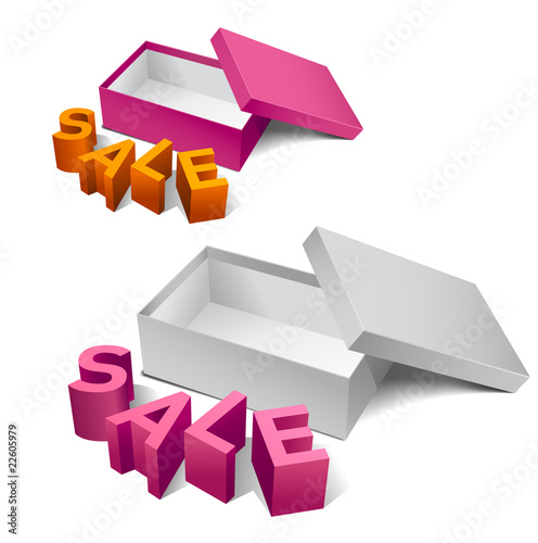 Two realistic empty boxes with promotional words