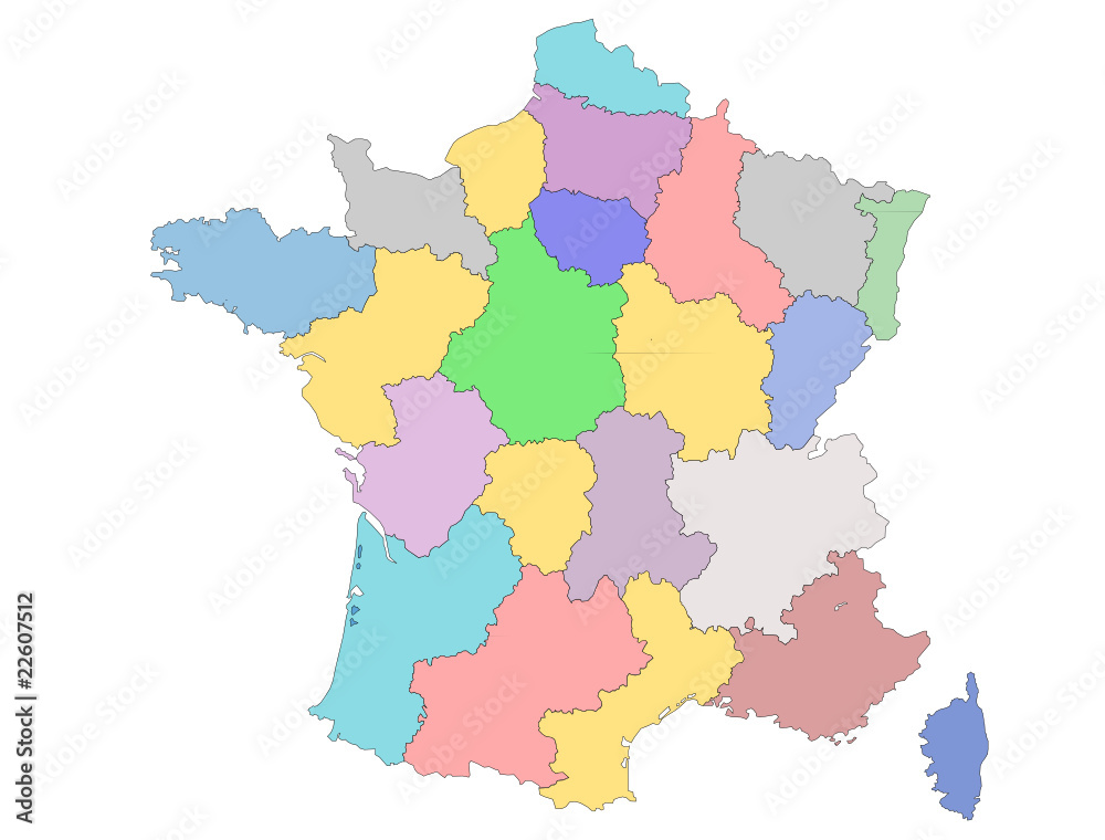 carte des régions de france en couleur vierge