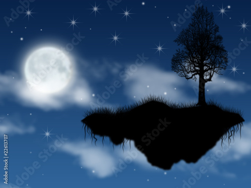 fantastic island steaming in sky in full moon in the night