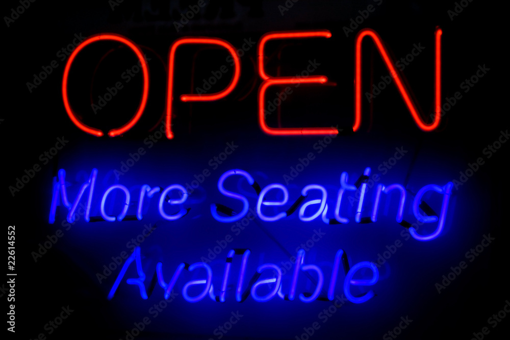 OPEN More Seating Available neon sign