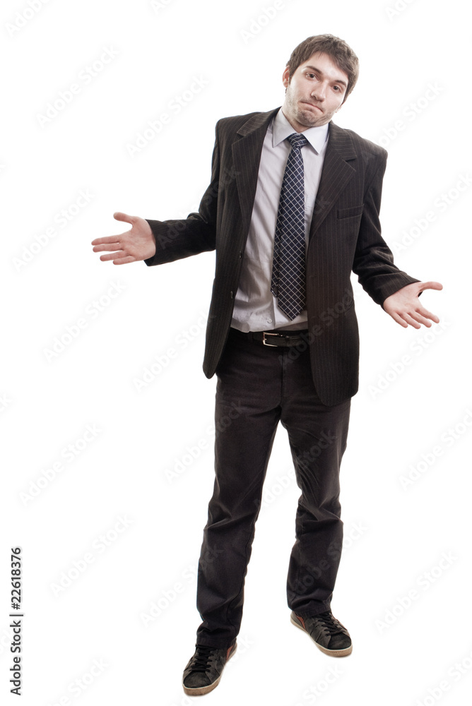 Shrug of confused broke business man asking for solution and advice Shrug of confused broke business man asking for solution and advice