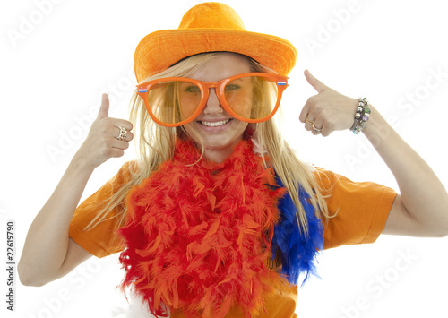 female Dutch soccer fan over white background