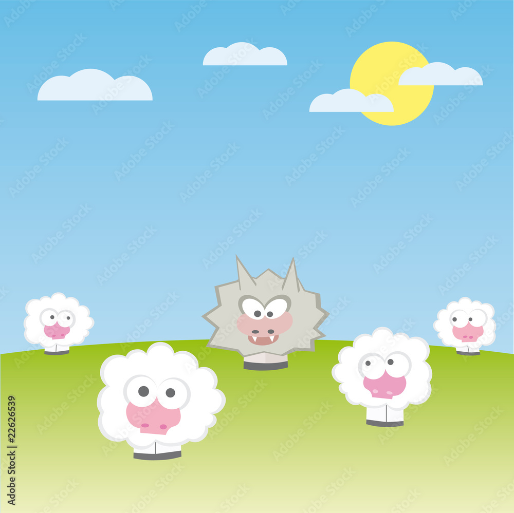 sheep with wolf on the field vector illustration cartoon