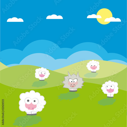 Sheep with wolf on the field vector illustration cartoon