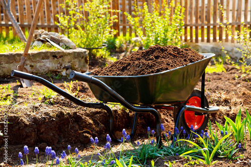 Obraz na plátně Wheelbarrow full of soil in a garden