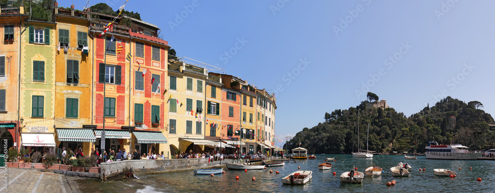 Panoramic view on multicolored houses of Portofino in Italy.