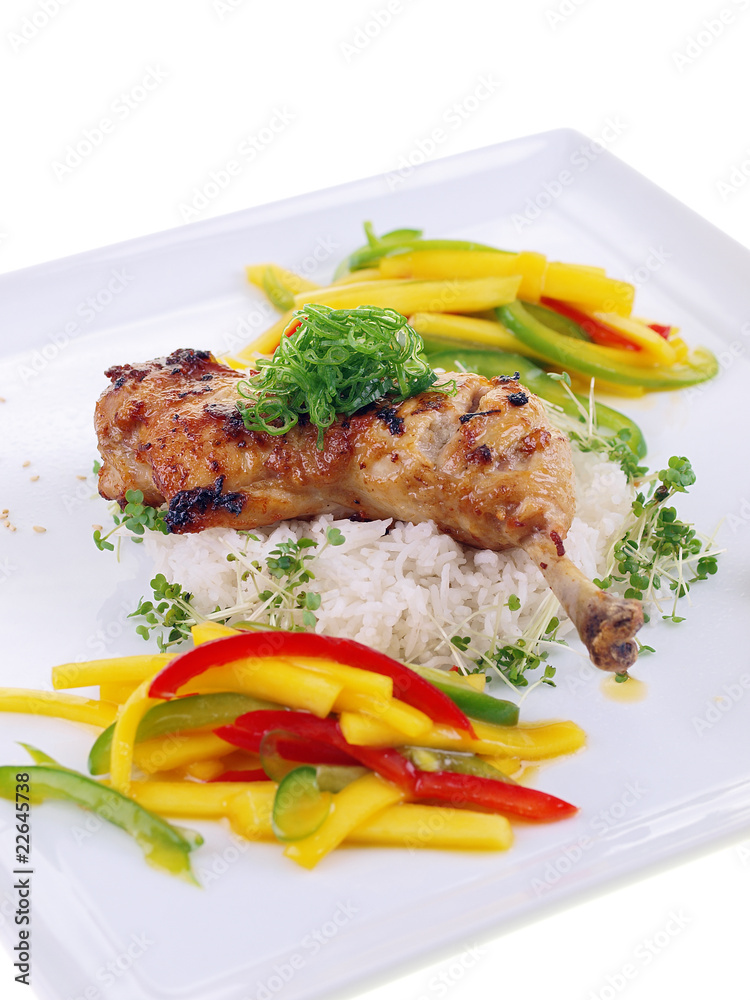 barbecue chicken, rice & mango salad isolated on white barbecue chicken, rice & mango salad isolated on white