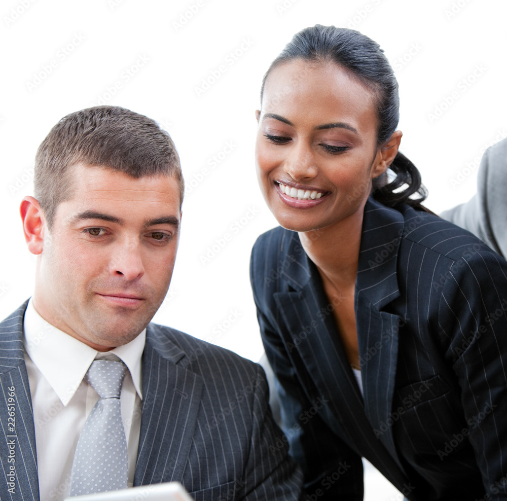 Charming businesswoman helping a colleague in a meeting Charming businesswoman helping a colleague in a meeting