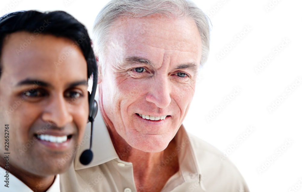 Smiling sales representative man with the boss Smiling sales representative man with the boss