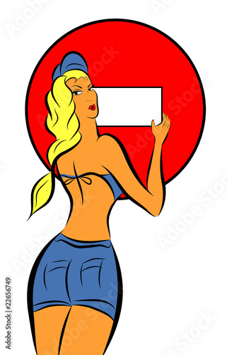 femme sexy qui pose un panneau d'interdiction