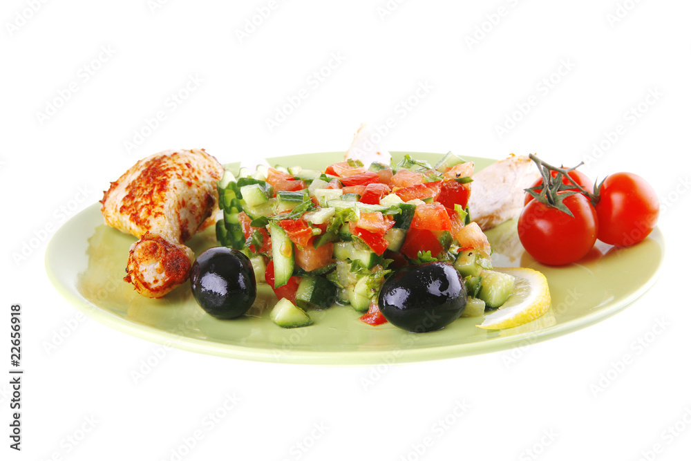 grilled chicken meat drumstick served green grilled chicken meat drumstick served green