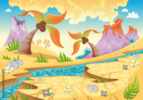 Background with tree palms and volcanoes. Vector illustration.