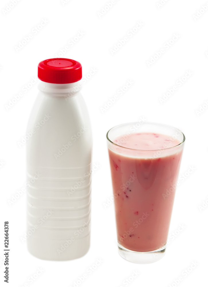 Bottle with fresh strawberry yogurt on white Bottle with fresh strawberry yogurt on white
