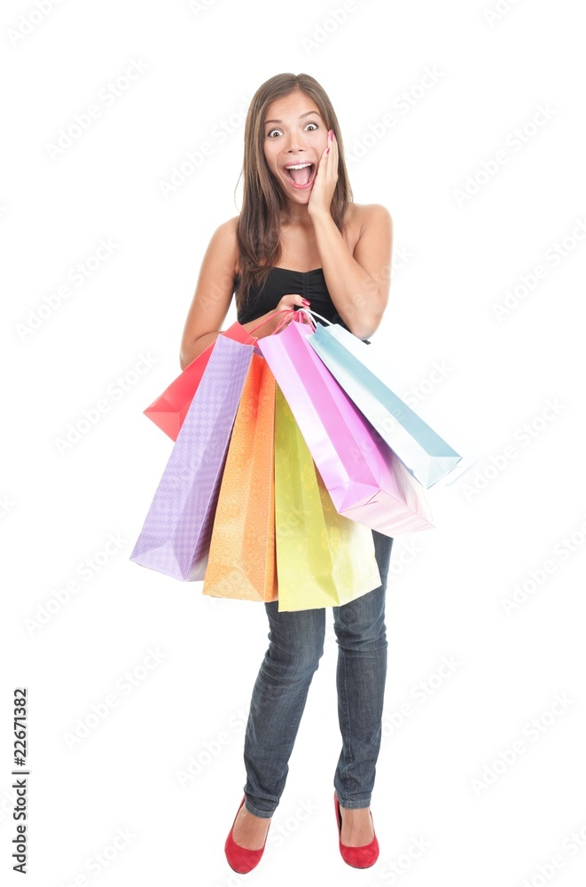 Shopping woman excited isolated