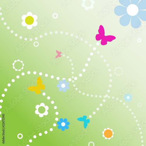BuButterflies fly dotted line paths on spring flowers