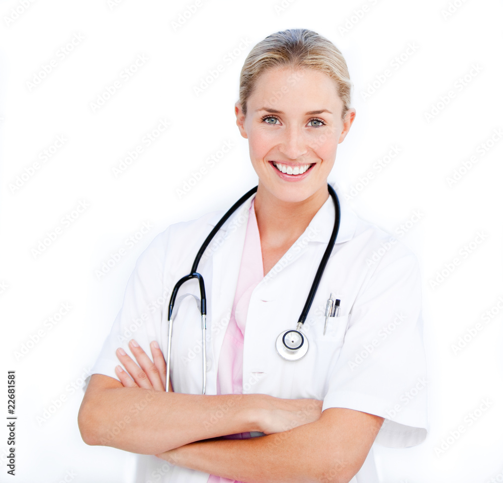 Caucasian female doctor folding arms
