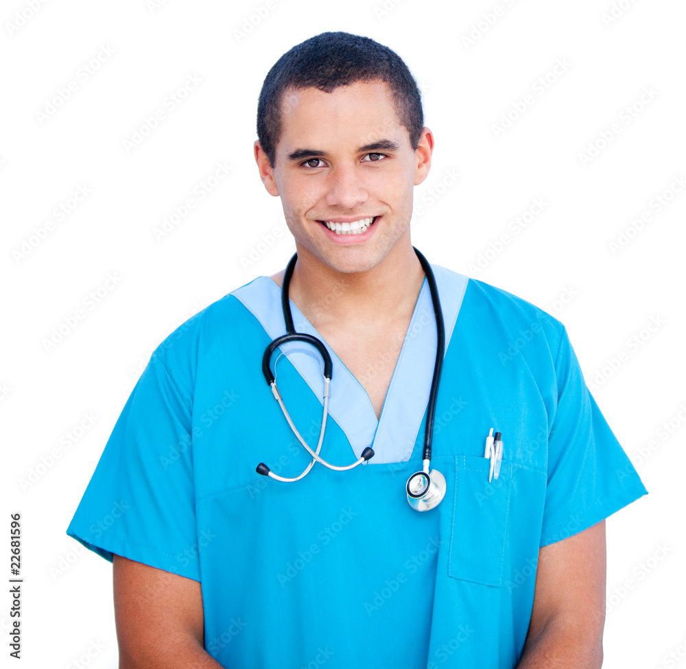 Portrait of self-assured male doctor wearing blue uniform Portrait of self-assured male doctor wearing blue uniform